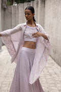 ZAHRA LILAC BLOCK PRINT CO-ORD SET WITH EMABROIDERED CAPE